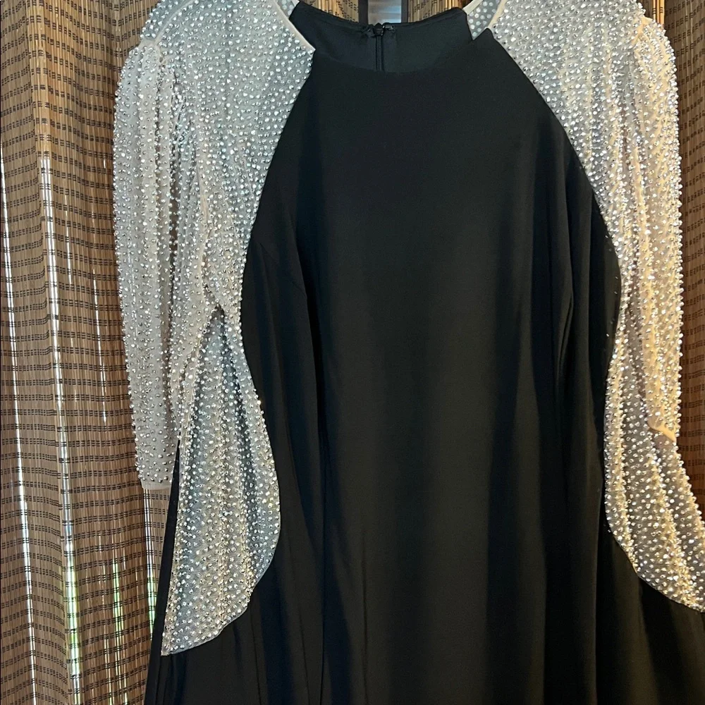 Elegant Black Dress with Silver Accents by Xscape. - Picture 2 of 6